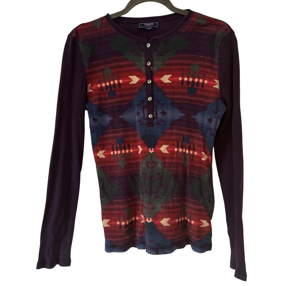 Chaps Denim Womens Purple Southwestern Waffle Knit Henley Top Long Sleeve‎ Med